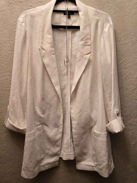 Linen Blend Blazer White Open Front Minimalist Chic Layering Jacket - Picture 5 of 10